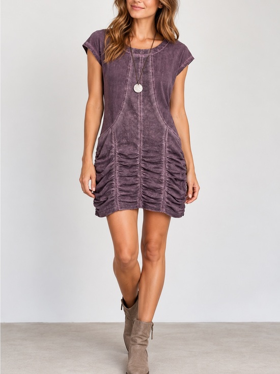 XCVI Dresses & Skirts - XCVI Purple Mineral Wash Ruched Mini Dress Short Sleeve Boho Size M